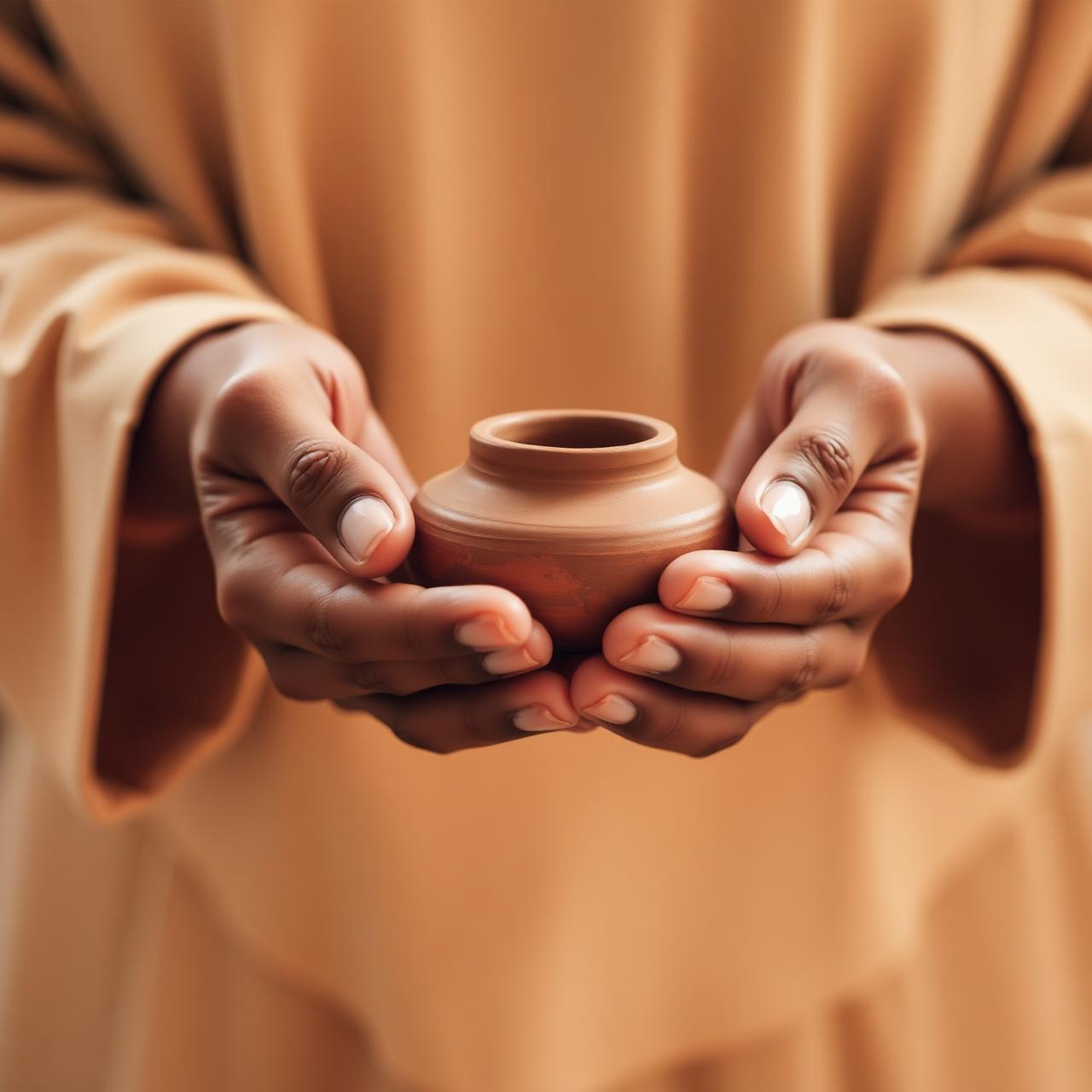 Hands cradling a small earthen vessel